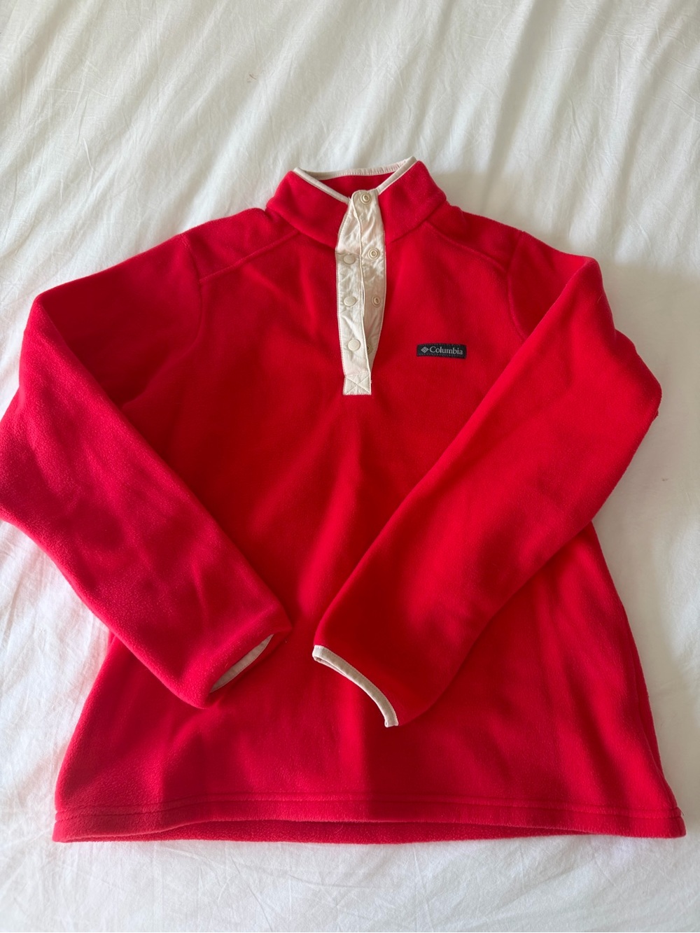 Columbia red fleece snap-front jacket with cream trim